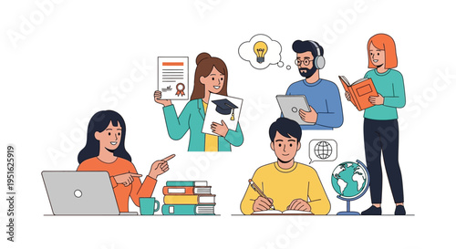 Modern Online Education and E-Learning Concept. Diverse Students Studying, Attaining Degrees, and Acquiring Knowledge.