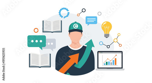 Digital Content Creator and Expert Development Concept. Man surrounded by learning, data analysis, strategy, innovation, and career growth icons.