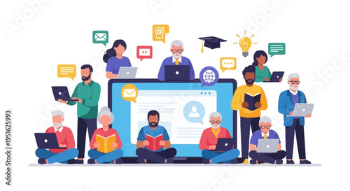 Lifelong E-Learning Community. Diverse group of students, including seniors, participating in online education, digital literacy courses, and virtual classrooms via laptops.
