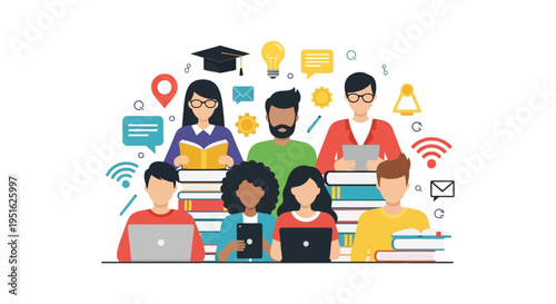 Online Education and E-learning Concept. Diverse Students Studying with Laptops, Books, and Digital Tools. Global University Knowledge Vector Illustration.