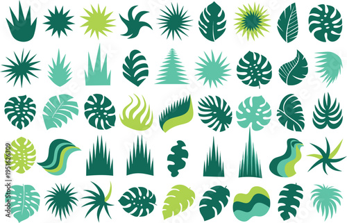 Collection of various tropical plant leaf shapes and botanical icons in shades of green and teal isolated on transparent background