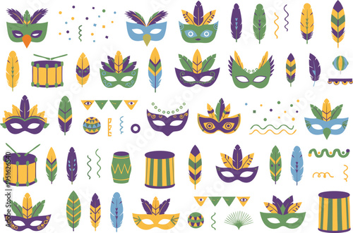 A collection of colorful mardi gras carnival masks feathers drums and decorative party elements isolated on transparent background