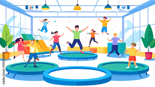 Group of joyful people celebrating around outdoor pool with trees, dancing, jumping and festive community recreation vector illustration"