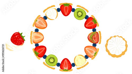 Colorful fresh fruit slices arranged in circular frame border with berries citrus and kiwi isolated background vector illustration
