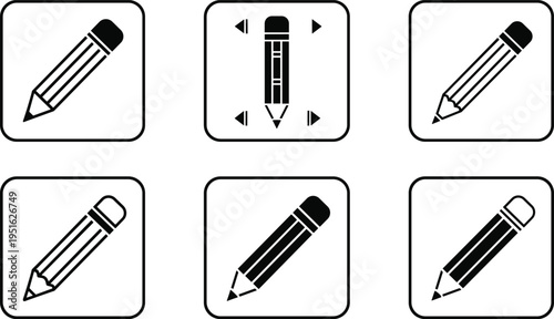 Set of pencil icons in square frames including writing drawing and editing tools for graphic design apps creative sketching and office stationery