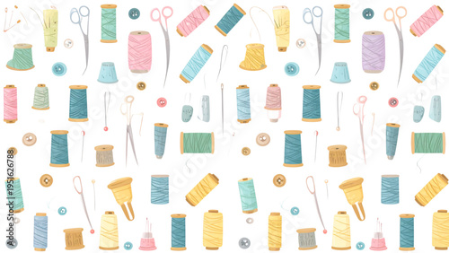 Seamless pattern of hand drawn sewing tools with colorful thread spools needles and scissors for textile design and DIY crafts