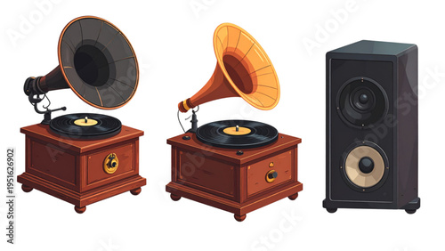 Vintage gramophone vector illustration with a vinyl record on a wooden base for retro music and nostalgia concept isolated on white background.