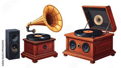 Vintage gramophone vector illustration with a vinyl record on a wooden base for retro music and nostalgia concept isolated on white background.