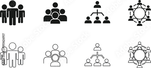 Set of people icons including team hierarchy structure business organization chart social network connections and group member silhouettes for corporate web interface