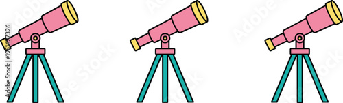 Set of pink telescope icons with teal tripods isolated on white background for kids astronomy education science exploration and stargazing hobby themes.