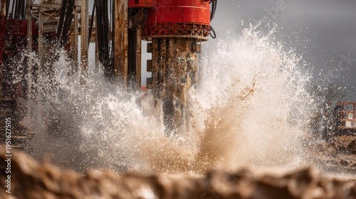 Stunning photo of close-up of a large drilling rig splashing water and mud during borewell excavation at an industrial construction site.