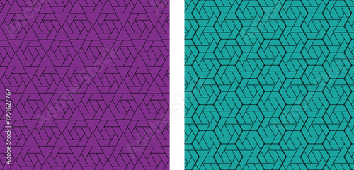 Two Seamless Geometric Patterns: Purple Hexagons and Teal Interlocking Shapes