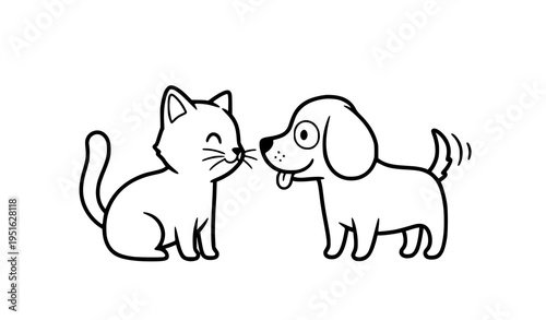 Cute Cat and Dog Line Art Friendly Pet Outline Vector Illustration
