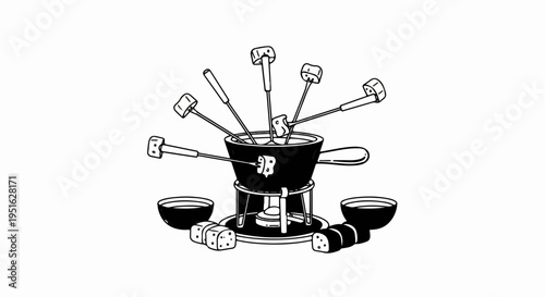 Delicious cheese fondue with bread and dipping bowls, ready to enjoy