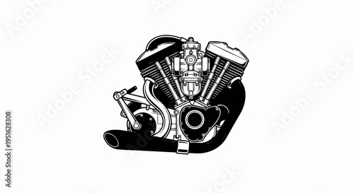 Detailed black and white illustration of a powerful V-twin motorcycle engine