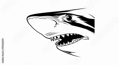 Detailed black and white illustration of a shark's head with bared teeth