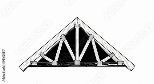 Detailed black and white illustration of a triangular wooden roof truss structure