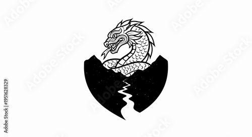 Detailed black and white illustration of a mythical serpent emerging from a cracked egg