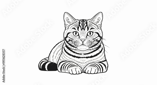 Detailed black and white sketch of a striped tabby cat lying down