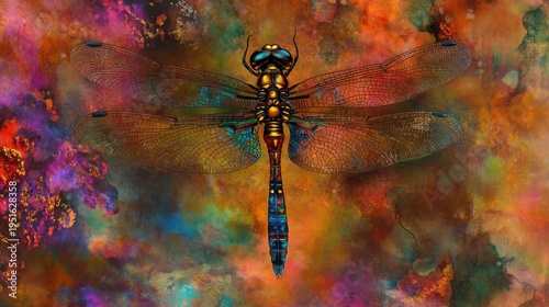 Vibrant dragonfly, intricate details on a colorful backdrop