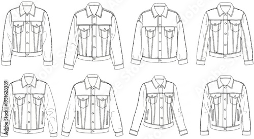Detailed fashion illustrations of denim jackets in various views