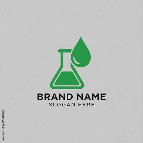 Green Chemical Flask and Droplet Logo Design for Science and Research.