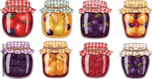 Fruit Jam Jars with Red, Yellow, and Purple Fruits in Glass Containers for Homemade Preserves Illustration