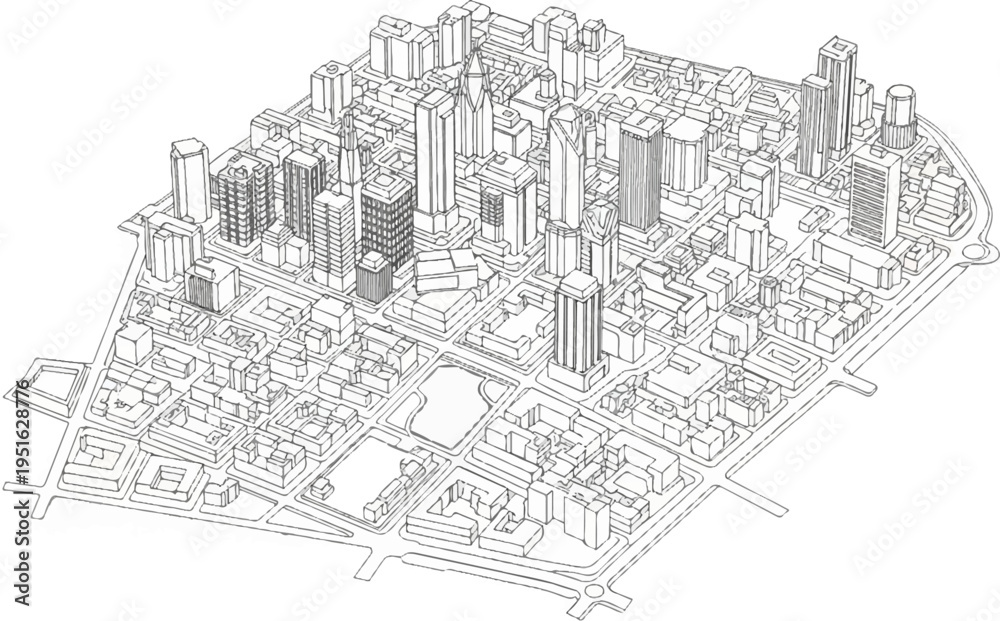 Fototapeta premium Detailed line drawing of a dense urban cityscape with varying building heights