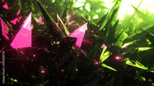 Abstract crystalline cluster, vibrant green and pink facets