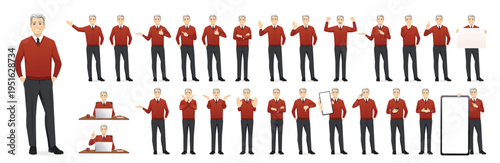 Large set of mature business man. Different poses and various gestures male character standing and sitting at the desk isolated vector illustration