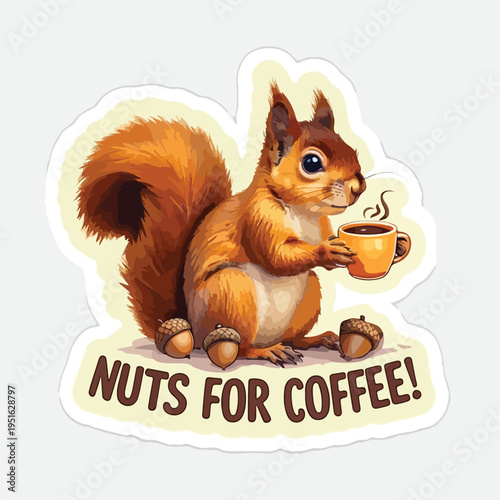 Adorable cartoon squirrel enjoying a warm beverage sticker design perfect for caffeine lovers