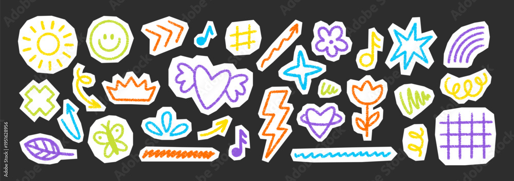 Fototapeta premium Cute crayon doodles featuring crown, arrows, and rainbow elements for collages and scrapbooks designs. Vector illustration.