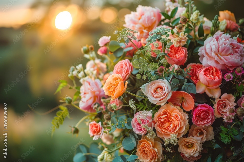 Obraz premium Elegant pink and peach rose floral arrangements with soft sunlight and natural greenery for romantic decorative scenes Generative AI