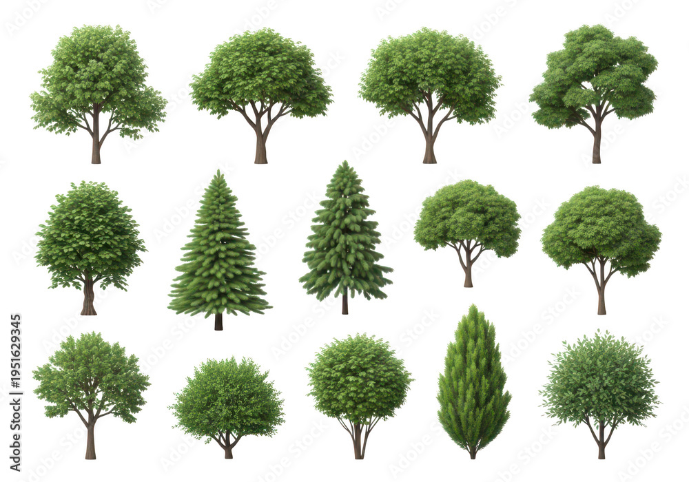 Fototapeta premium Collection of diverse tree silhouettes against a plain background for illustrative purposes.