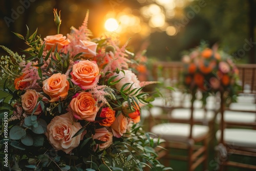 Elegant pink and peach rose floral arrangements with soft sunlight and natural greenery for romantic decorative scenes Generative AI