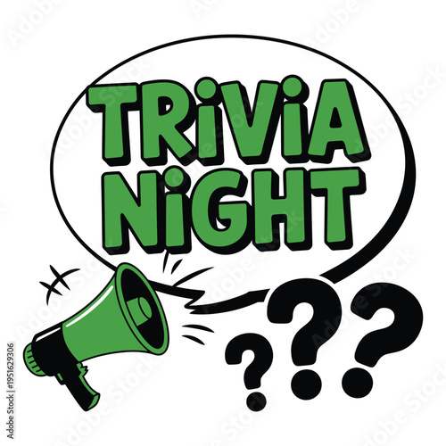 A cartoon illustration of a trivia night event with a megaphone