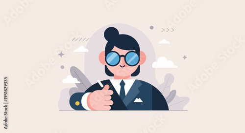 Confident person in suit and glasses gives a thumbs up, surrounded by abstract art