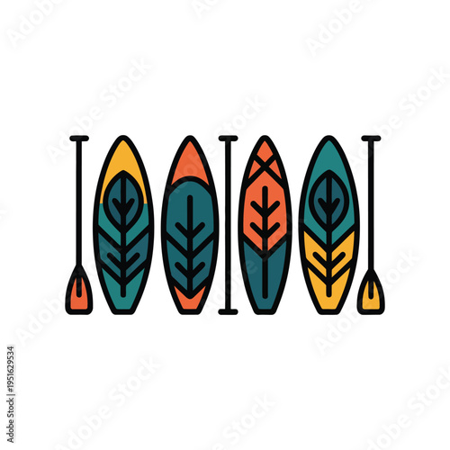 A colorful illustration of paddleboards and paddles on a white background