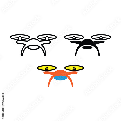 Three drones of different colors and designs are shown flying