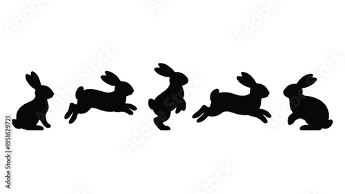Five black rabbit silhouettes jumping in a row on white background