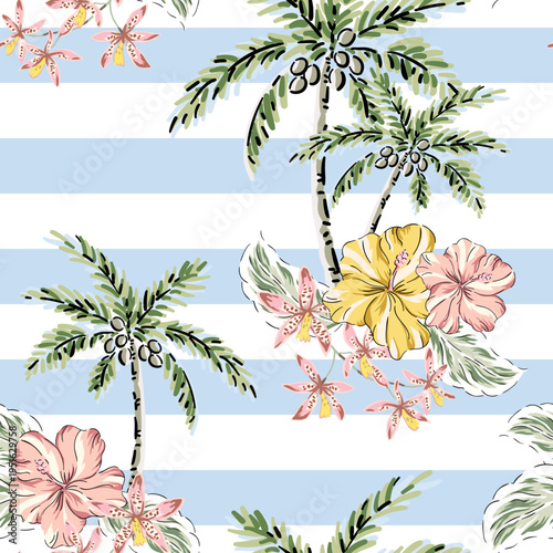 Tropical yellow hibiscus, pink orchid flowers, palm trees, leaves, striped background. Vector seamless pattern. Hawaiian illustration. Exotic plants. Summer beach floral design. Paradise nature