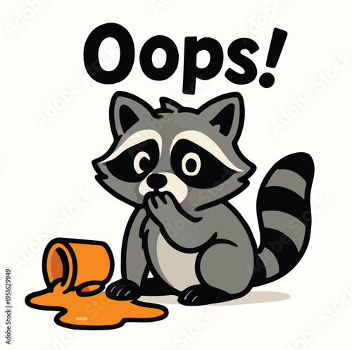 Adorable cartoon raccoon looking guilty after accidentally spilling a jar of sticky orange honey on a white surface
