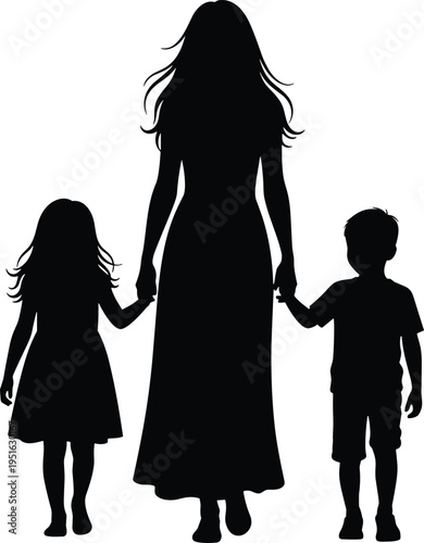 Silhouette of a mother walking and holding hands with her young son and daughter, family bond concept isolated on a white background