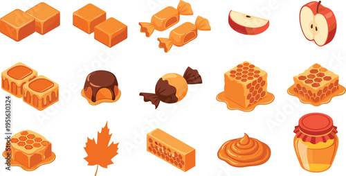 honey and beeswax products collection, sweet organic honeycomb candies apples syrup jar natural food ingredients vector illustration set