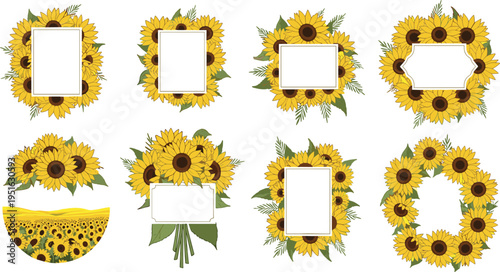 Sunflower Frames and Bouquets Collection with Various Shapes for Seasonal Greetings and Decorations