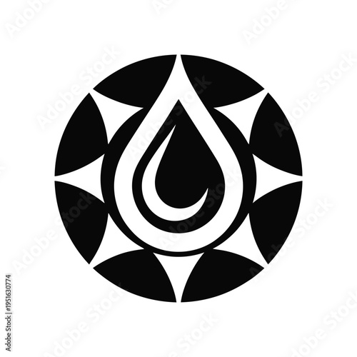 A black and white logo with a teardrop shape in the center