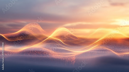 Golden, undulating landscape at sunrise.  Misty, ethereal, digital art
