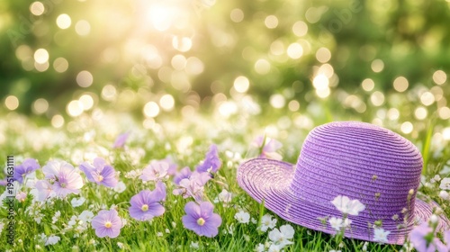 Lilac straw hat nestled in a field of wildflowers.  Soft sunlight filters through the foliage