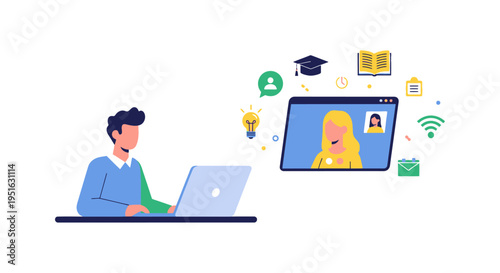 E-Learning and Video Conference Illustration. Student Taking Online Class or Webinar via Laptop. Remote Education, Virtual Meeting, and Distant Communication Concept.