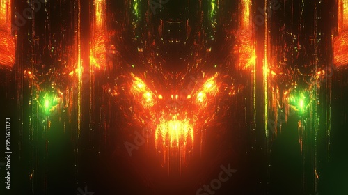 Fiery, digital monster face with glowing eyes and energy